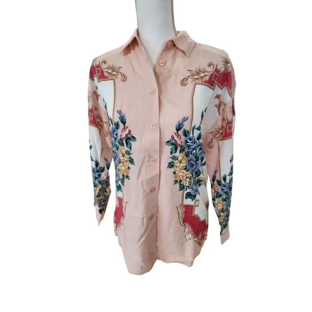 Vintage 80s Krazy Kat Pink Floral Long Sleeve Shirt Button Up Blouse M Baroque